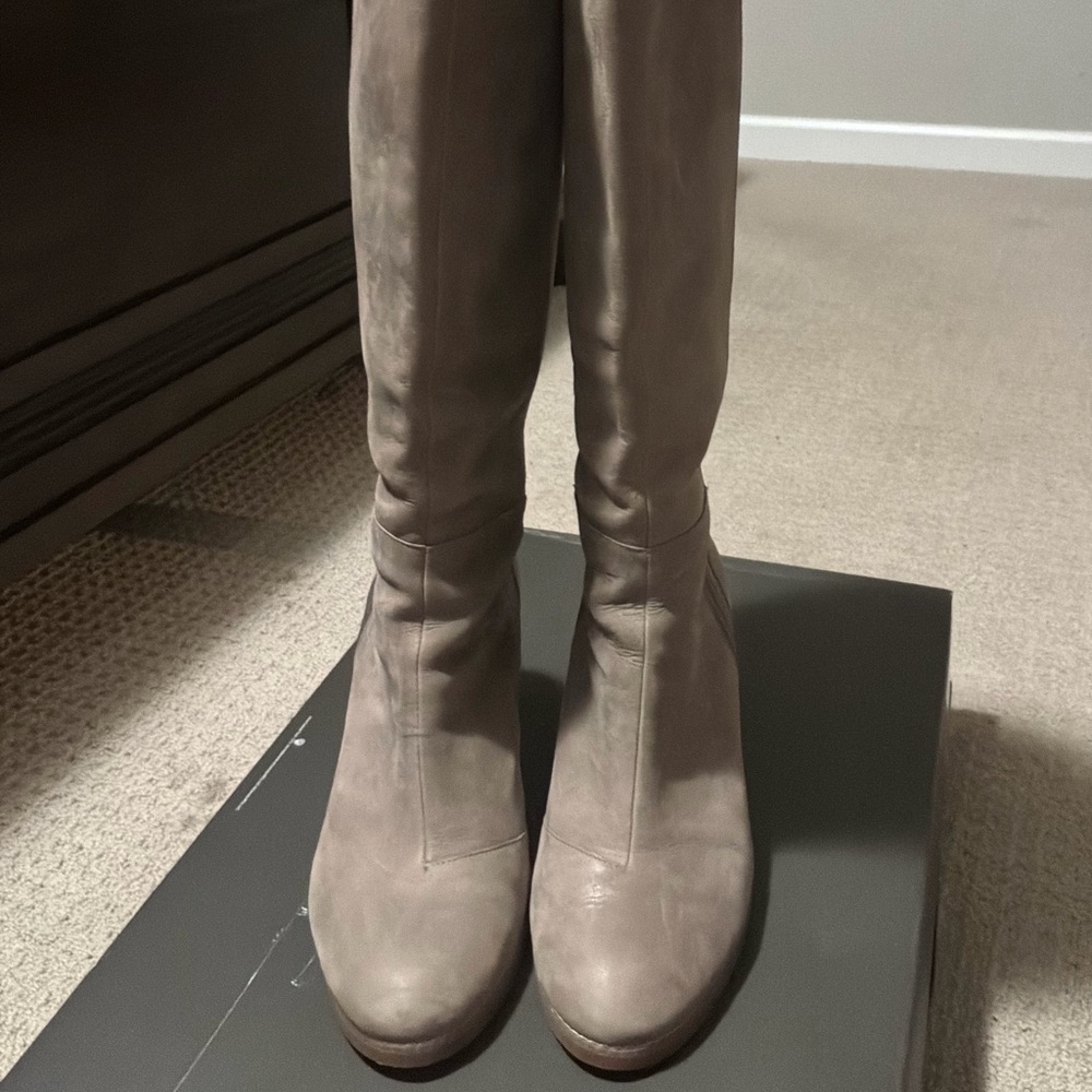 SoftWalk Taupe Leather Knee-High Boots 11W Wide Calf Block Heel